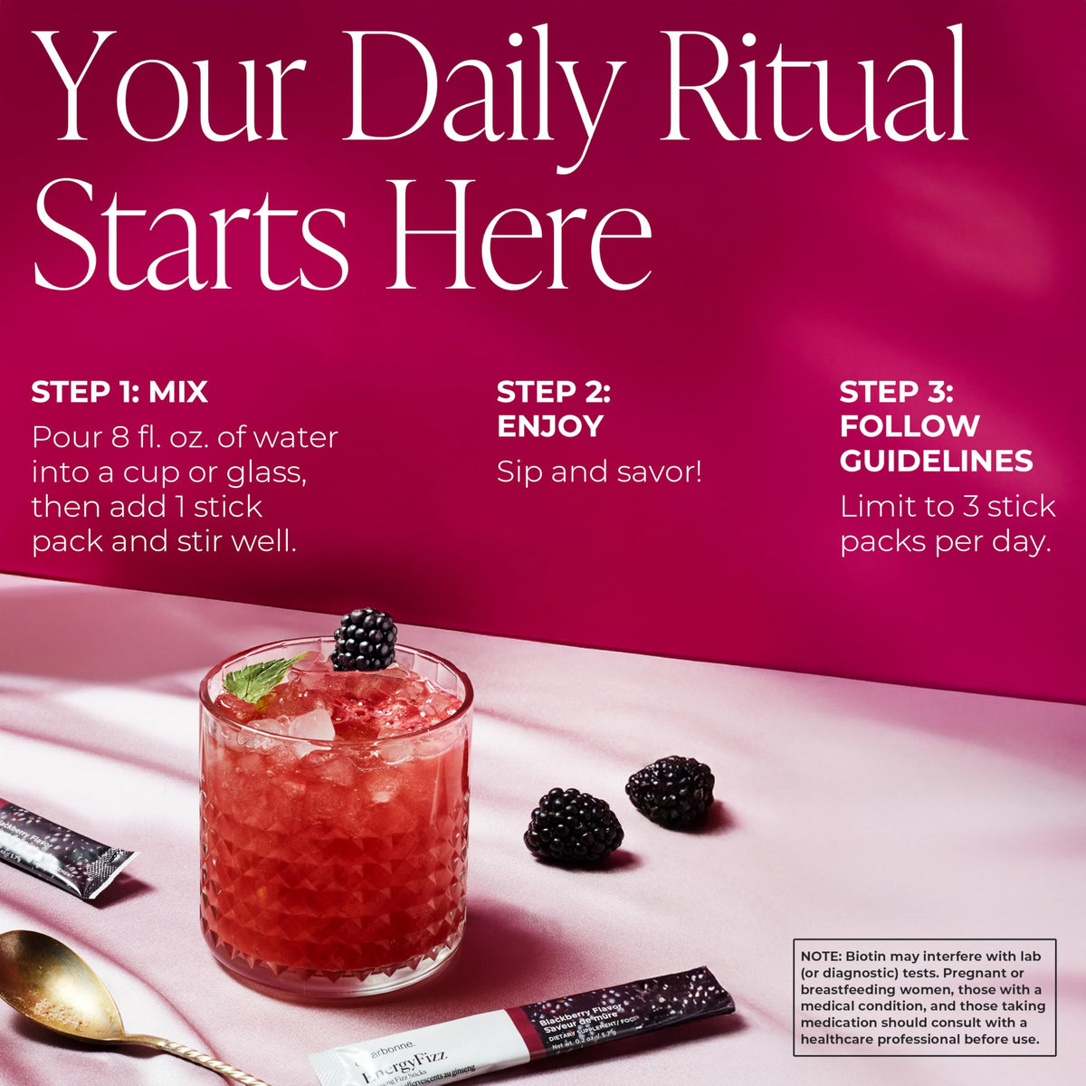 Closeup of Arbonne label highlighting clean ingredients and blackberry flavor.