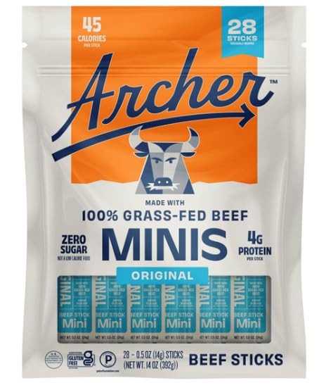 Archer Mini Grass-Fed Beef Sticks packaging showing on-the-go protein snack