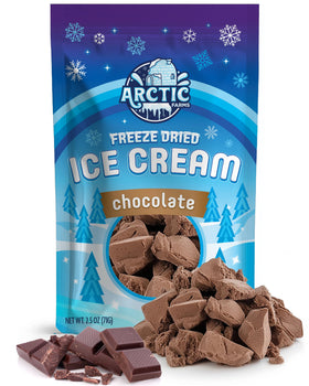 Arctic Farms chocolate freeze dried ice cream bits in a bag ready to enjoy
