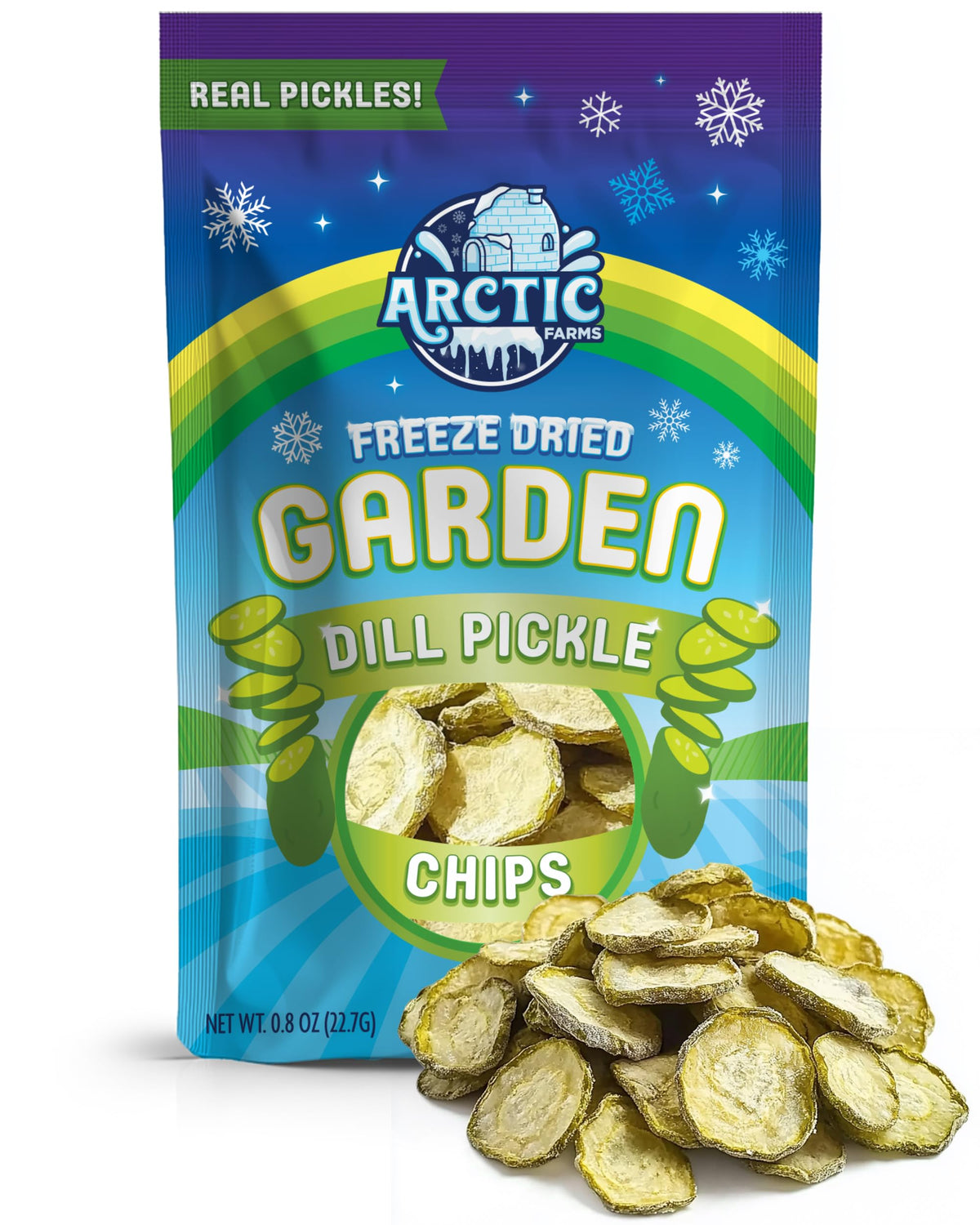 Arctic Farms freeze dried dill pickle chips with a crisp bite and tangy dill flavor.