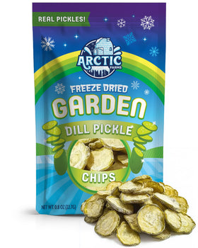 Arctic Farms freeze dried dill pickle chips with a crisp bite and tangy dill flavor.
