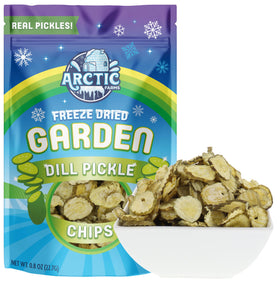 Arctic Farms dill pickle chips in a resealable bag for on-the-go freshness.