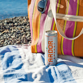 ARDOR Energy ingredients label close-up shows natural caffeine and L-Theanine source.