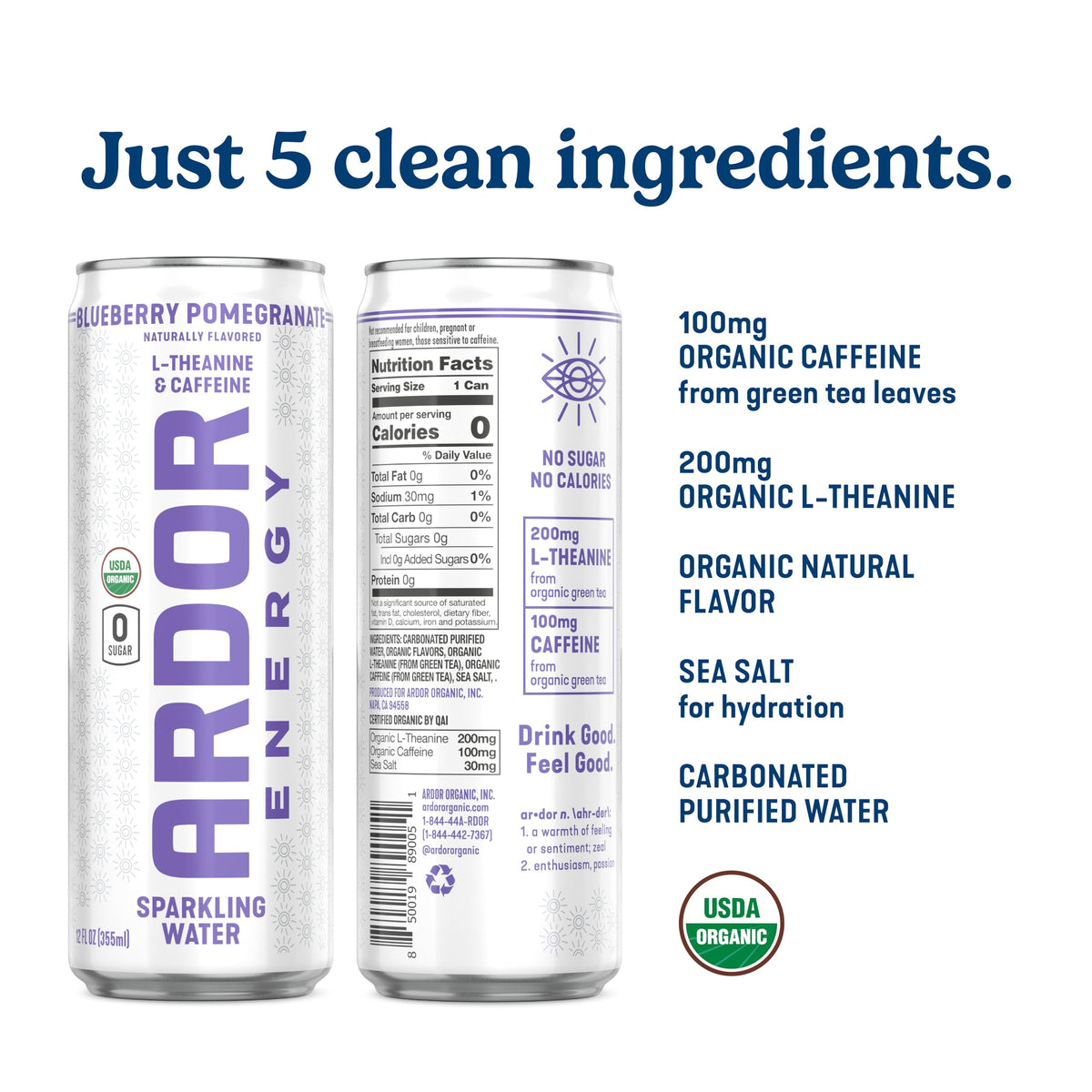 ARDOR Energy ingredients list close-up highlights five clean ingredients.
