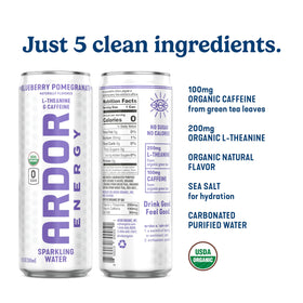 ARDOR Energy ingredients list close-up highlights five clean ingredients.