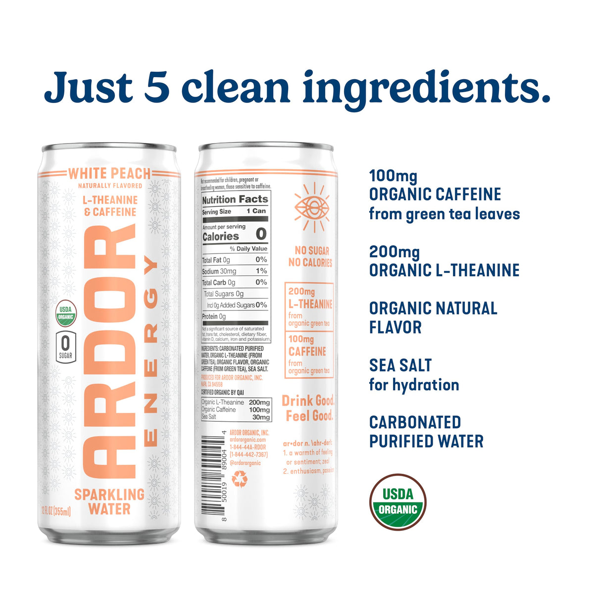 ARDOR Energy label closeup highlights organic caffeine and L-Theanine.