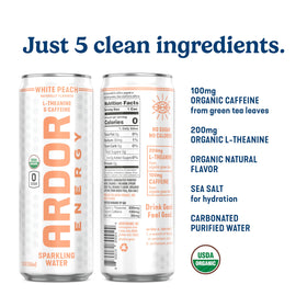 ARDOR Energy label closeup highlights organic caffeine and L-Theanine.