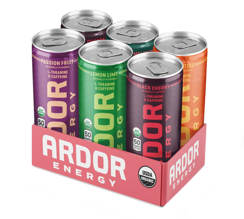 ARDOR Energy Black Cherry can front view highlights natural caffeine for steady energy.