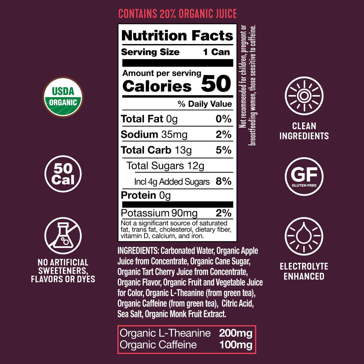 ARDOR Energy ingredients show organic green tea and real fruit juice.