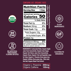 ARDOR Energy ingredients show organic green tea and real fruit juice.
