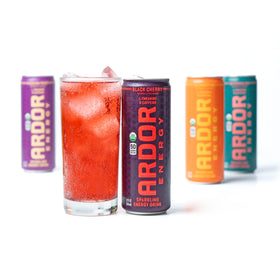 ARDOR Energy 6-pack Black Cherry cans on shelf showcases convenient grab-and-go.