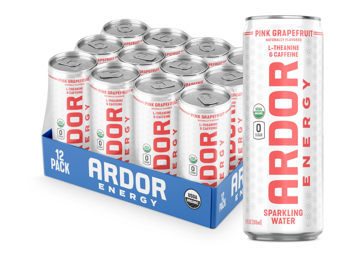 ARDOR Energy pink grapefruit can close-up, showcasing clean energy without sugar.