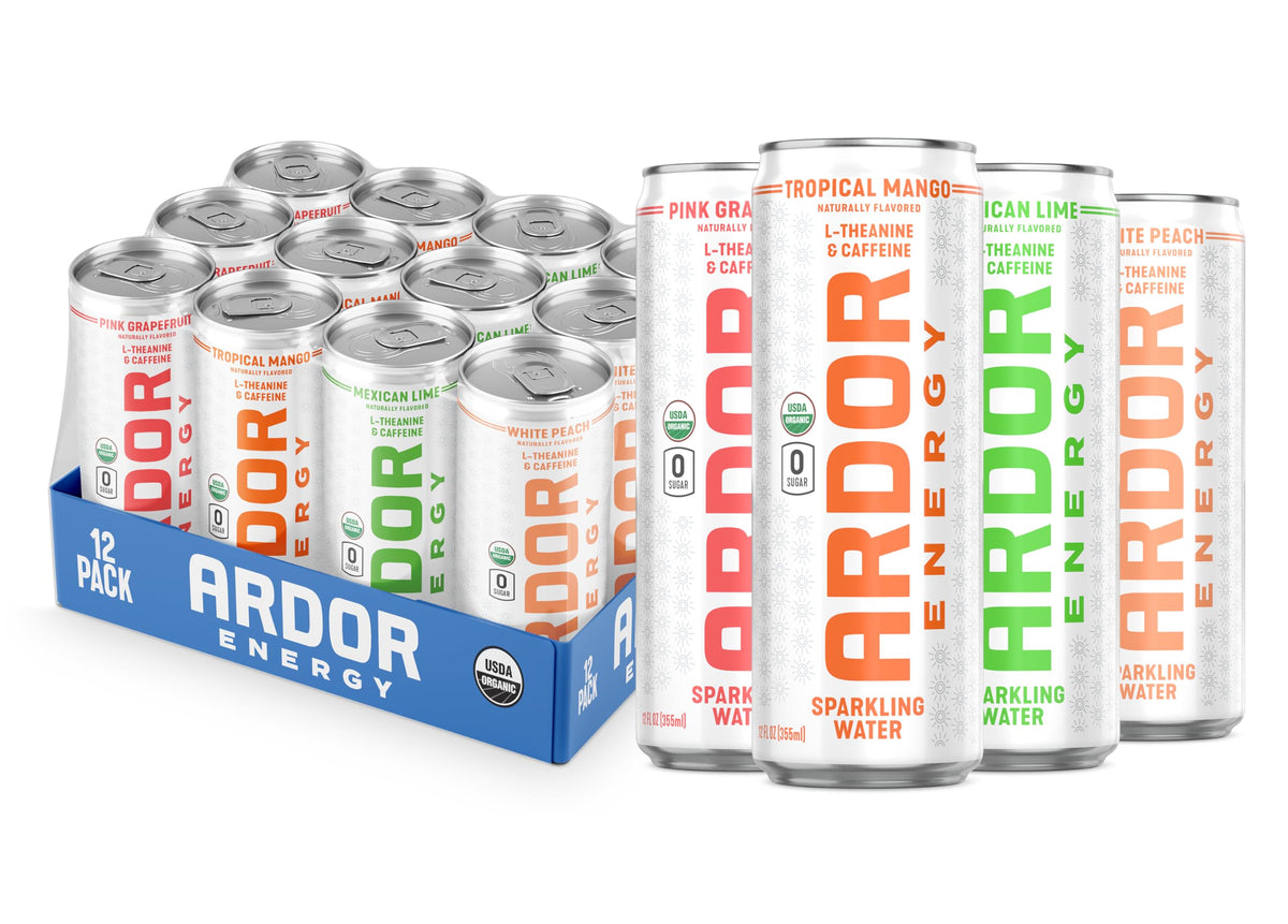 ARDOR Energy can close-up showing crisp sparkling water and tropical vibes.