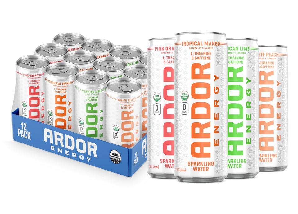 ARDOR Energy can close-up showing crisp sparkling water and tropical vibes.