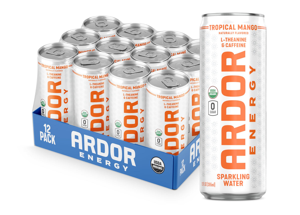 ARDOR Energy Tropical Mango can front view highlights the natural caffeine boost and refreshing flavor.