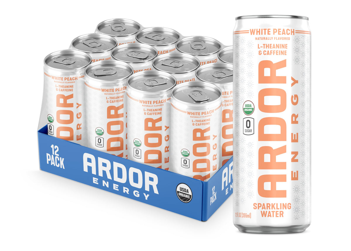 ARDOR Energy White Peach pack of 12 cans for on-the-go focus.