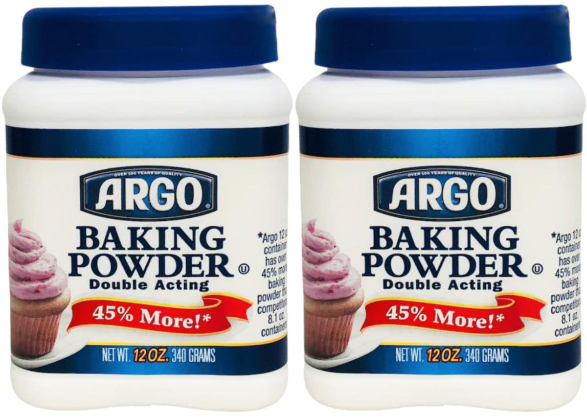 ARGO Baking Powder label shows two 12-ounce tins for fresh baking.