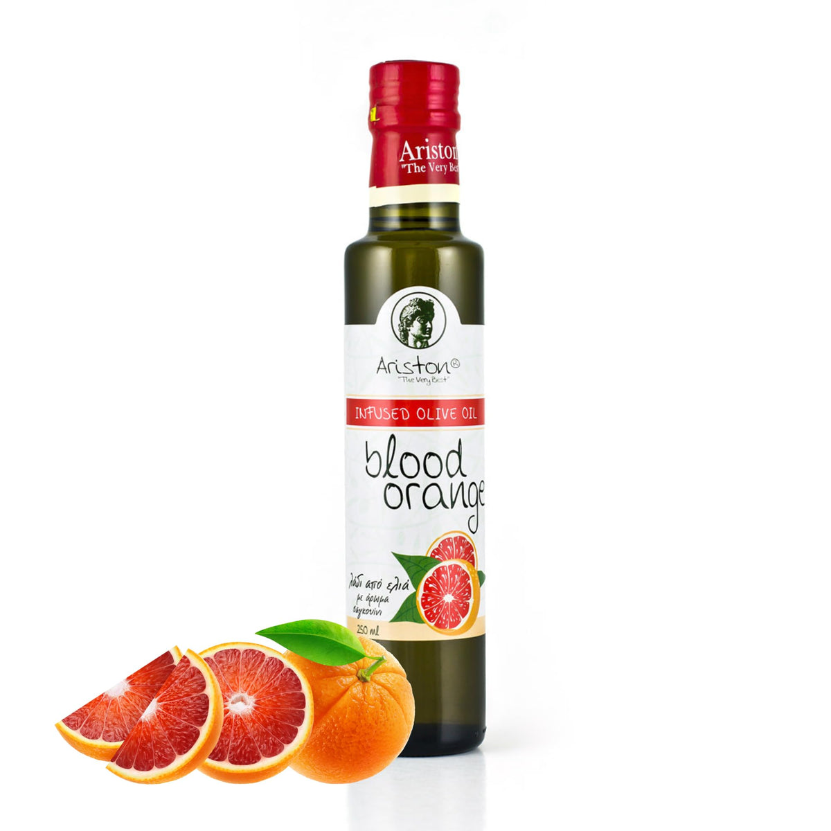 Ariston blood orange olive oil bottle shows premium quality and antioxidant-rich flavor for salads
