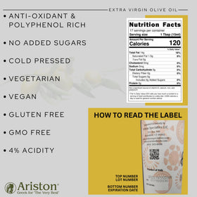 Ariston blood orange olive oil label emphasizes freshness and cold-pressed method for cooking