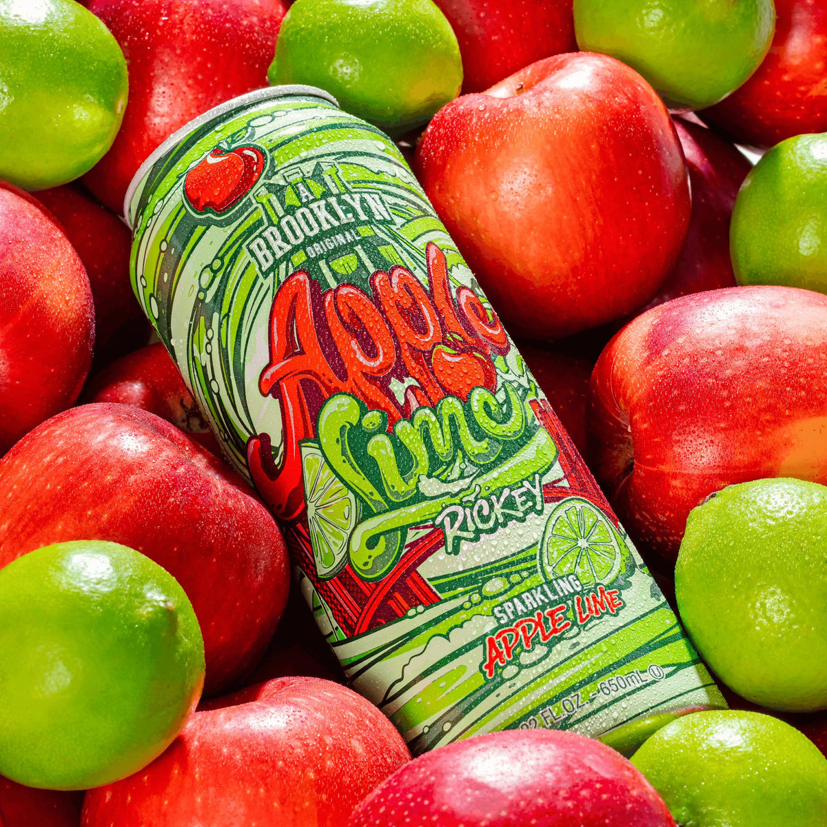 A close-up of AriZona Apple Lime Rickey showing real juice and fizzy bubbles.