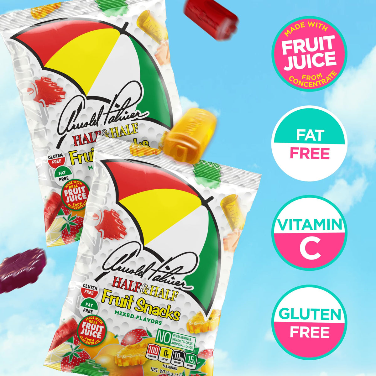 Close-up of mixed flavors strawberry mango peach from Arizona Arnold Palmer gummies