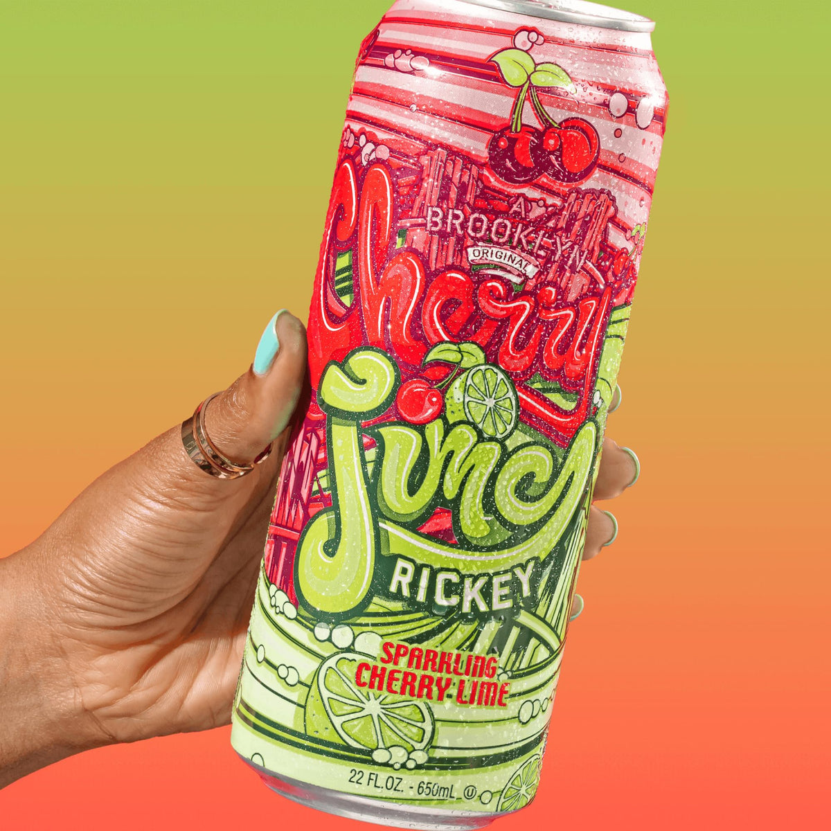 AriZona Cherry Lime Rickey cans in a pack with a Brooklyn original vibe.