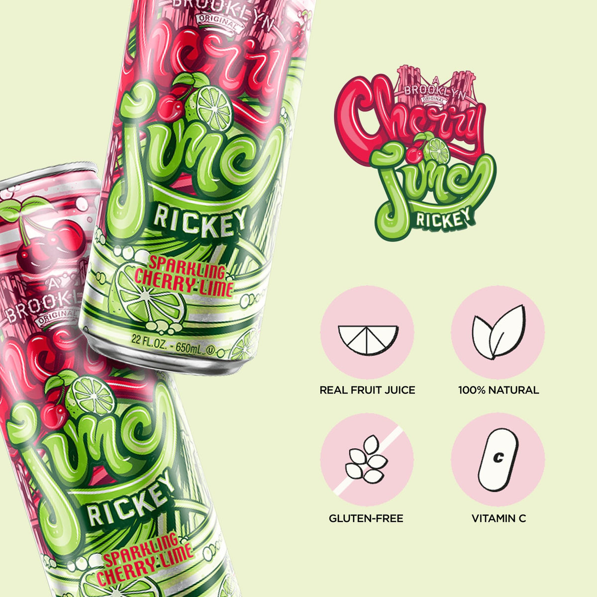 A close-up of AriZona Cherry Lime Rickey ingredients highlighting real juice.