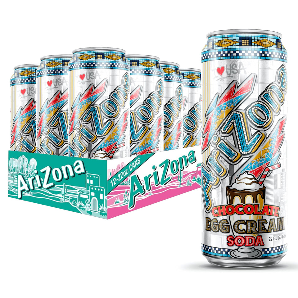 AriZona chocolate egg cream soda big can, creamy and chocolatey refreshment for sharing.