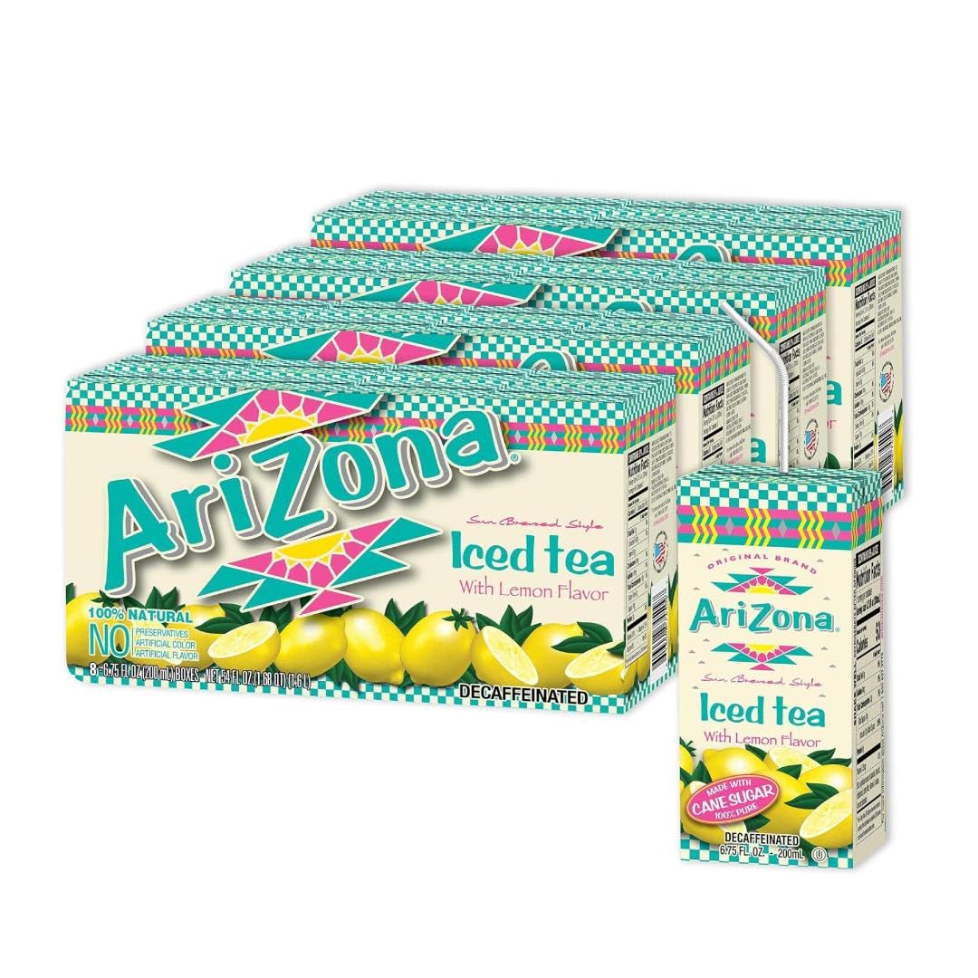 Arizona Decaffeinated Lemon Tea juice box 32-pack for convenient on-the-go refreshment.