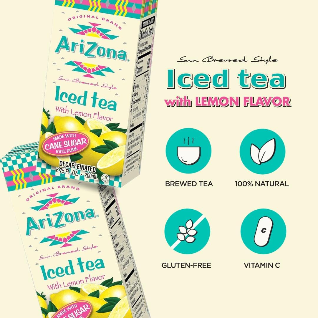 Arizona Decaffeinated Lemon Tea label close-up highlighting vitamin C content.