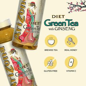 AriZona Diet Green Tea 12-pack bottles closeup highlights honey sweetness.
