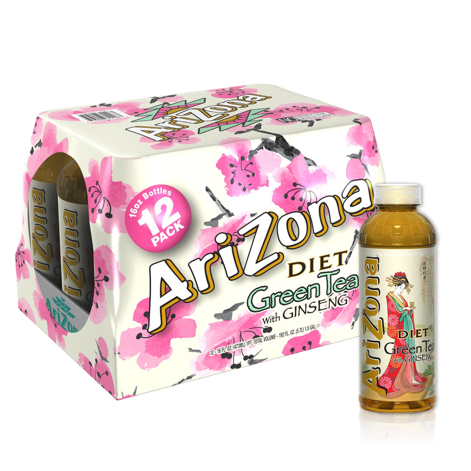 AriZona Diet Green Tea 12-pack front view shows a crisp, refreshing beverage.
