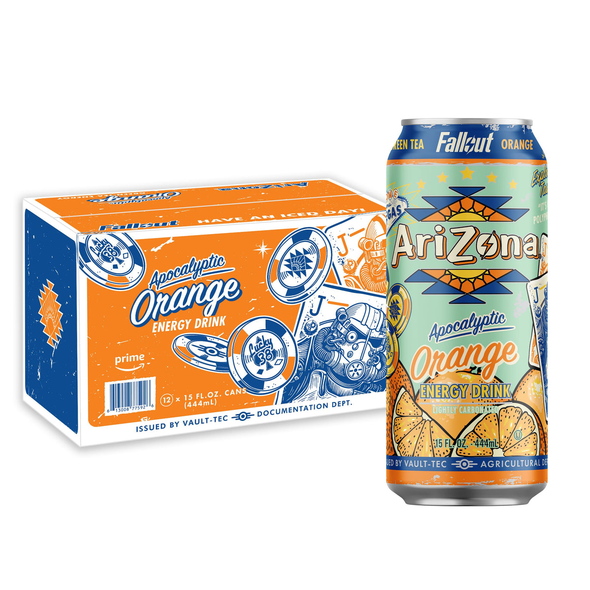 AriZona Fallout orange green tea energy drink can highlights citrus flavor for daytime energy.