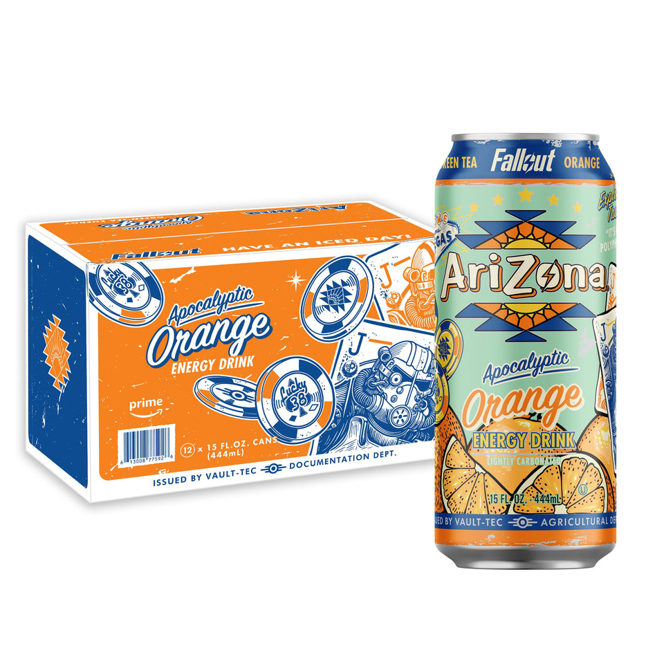 AriZona Fallout orange green tea energy drink can highlights citrus flavor for daytime energy.
