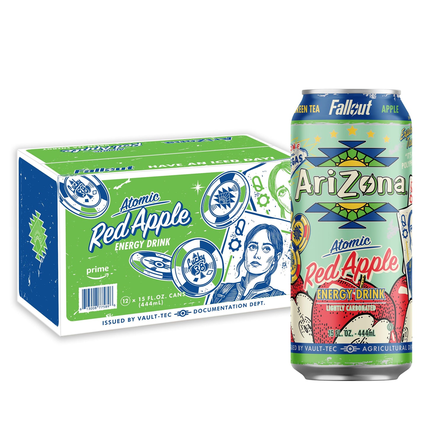 AriZona Fallout Red Apple Green Tea Energy Drink can—front view, bold flavor and lasting lift.