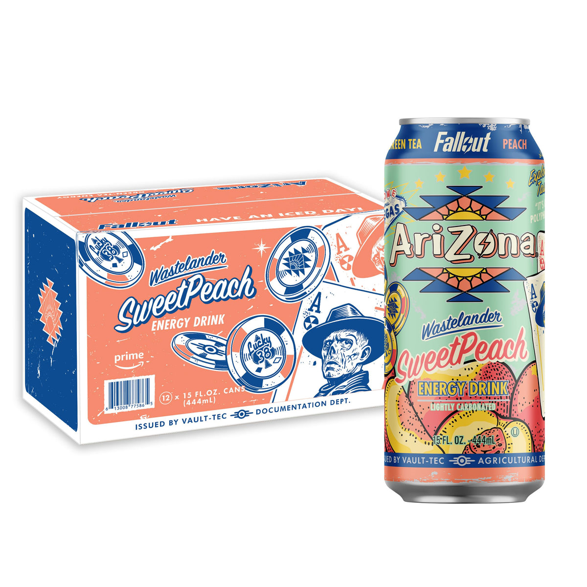 AriZona Fallout front view can highlighting peach and tea flavor and energizing lift.