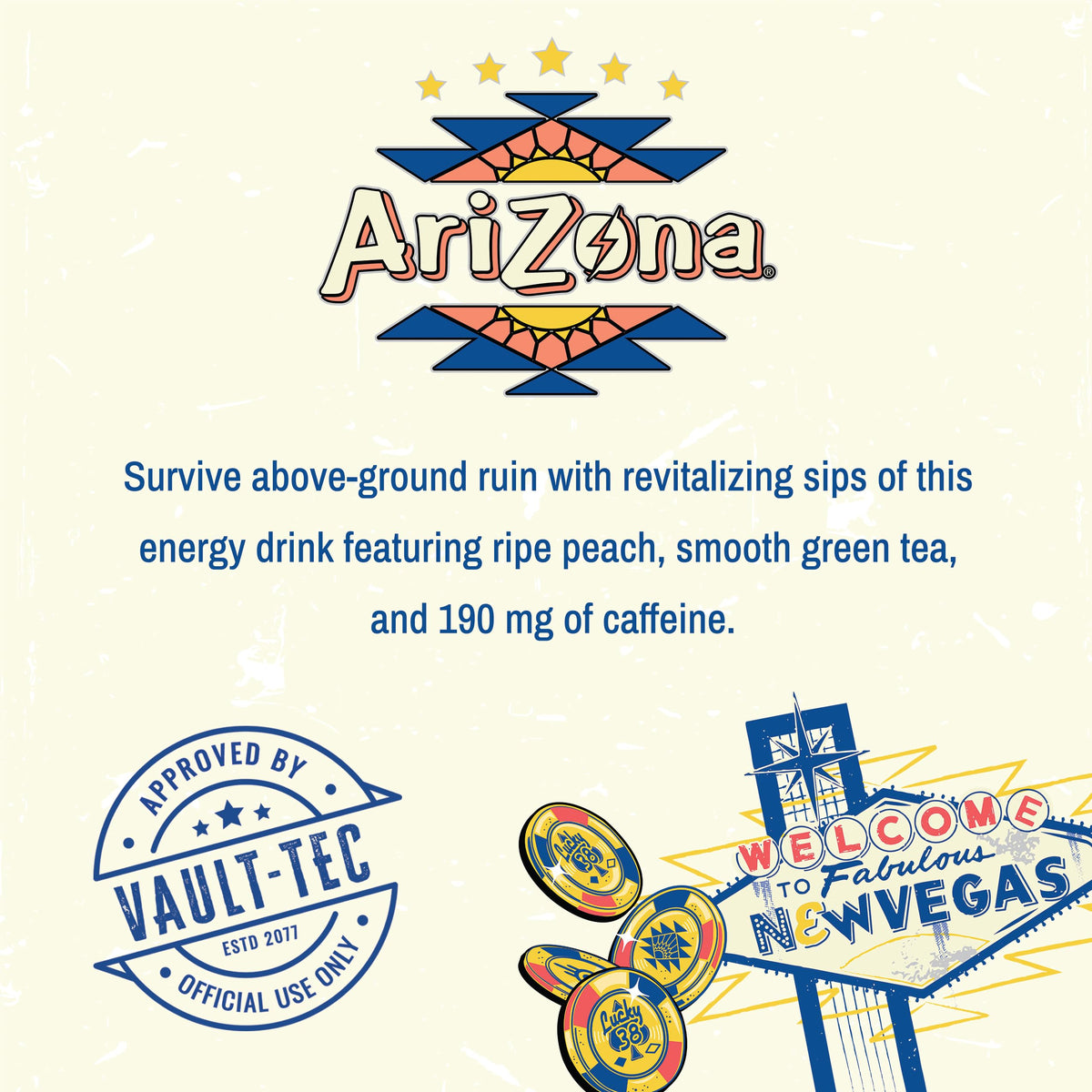 AriZona Fallout side-pack shows twelve cans, ideal for sharing and daily boosts.