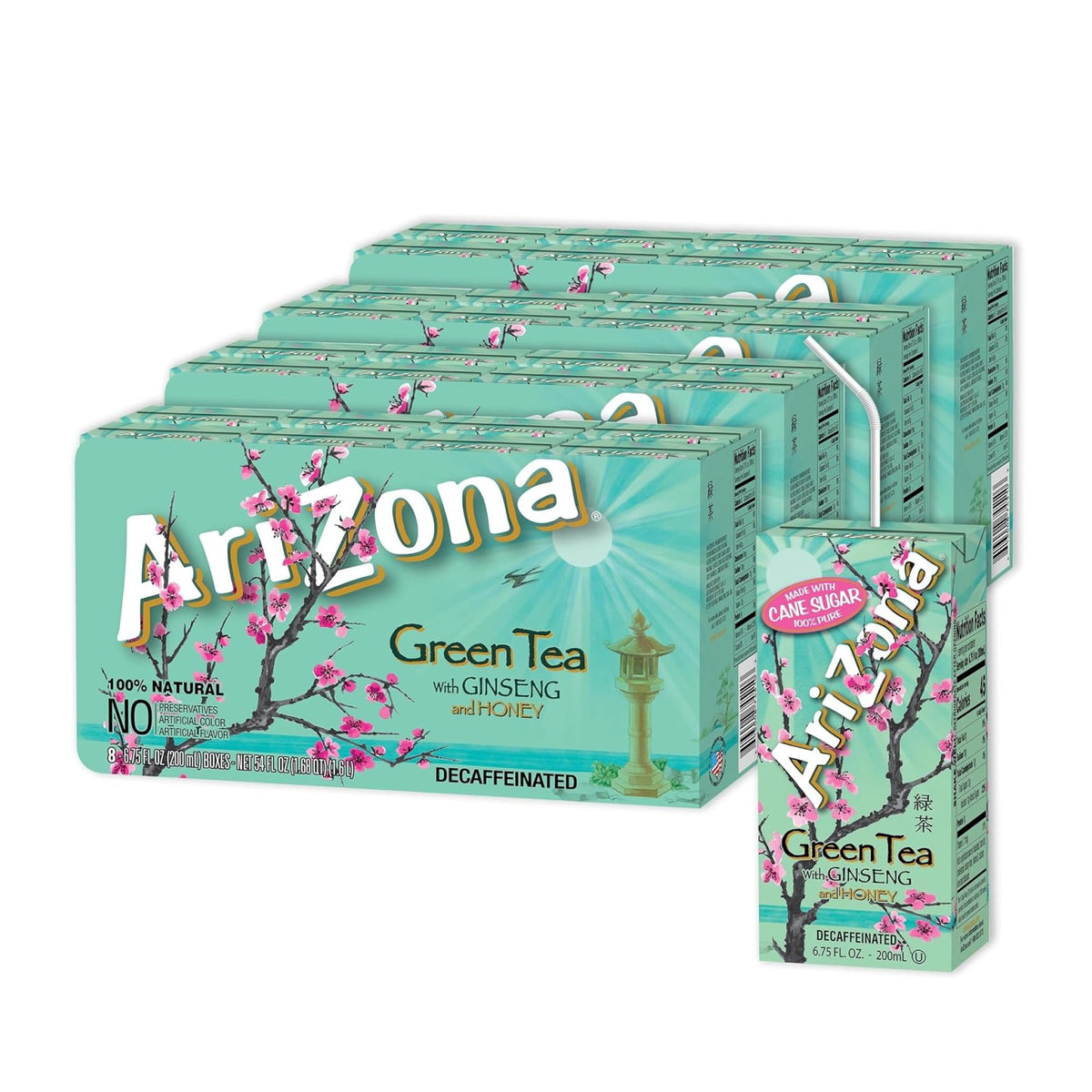 Arizona Green Tea with Ginseng and Honey juice box on display for refreshing sip