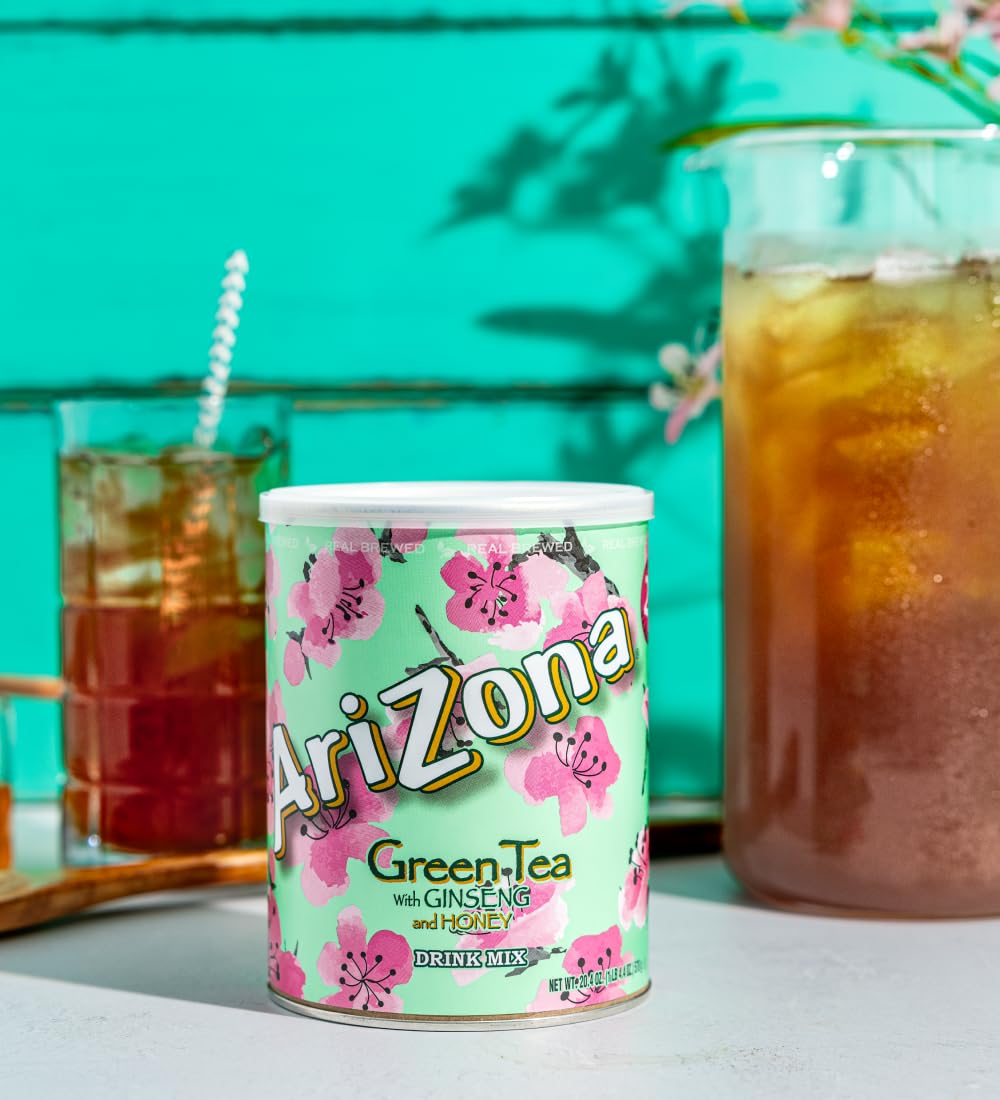 Bulk case of AriZona Green Tea powder mix canisters for easy home brewing.