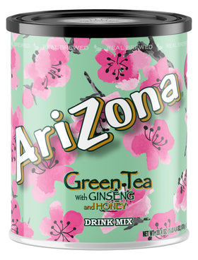 AariZona Green Tea sugar-sweetened powder canister ready for quick iced tea.