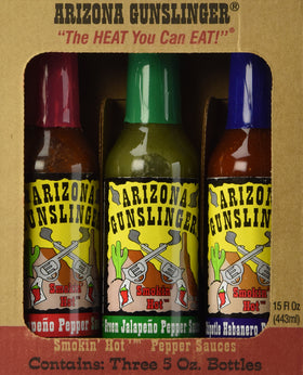 Arizona Gunslinger hot sauce gift pack showcasing three flavors for versatile meals