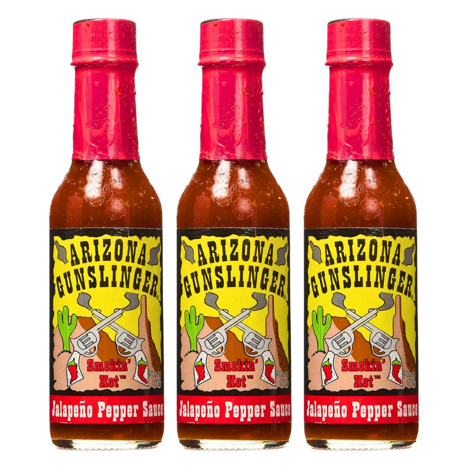 Arizona Gunslinger Smokin' Red Jalapeño Sauce bottle closeup for bold flavor inspiration.