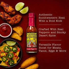 Arizona Gunslinger Smokin' Red Jalapeño Sauce with dips for zesty party snacks.