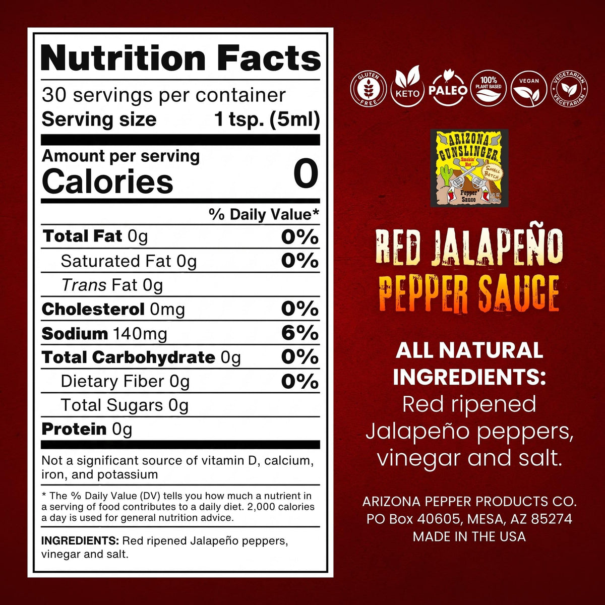 Arizona Gunslinger Smokin' Red Jalapeño Sauce pours over dishes to boost heat and depth.