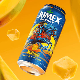 12-pack display of Jumex Mango Nectar Energy cans for sharing