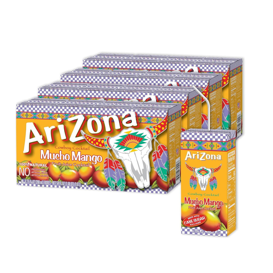 AriZona Mucho Mango drink box front view for on-the-go refreshment and lunchbox use.