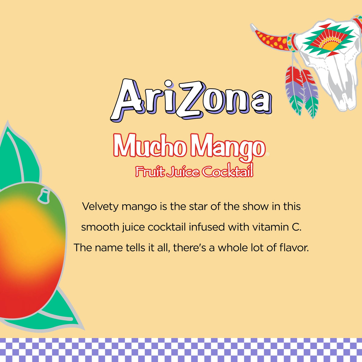 AriZona Mucho Mango glass with ice emphasizes vitamin C refreshment.