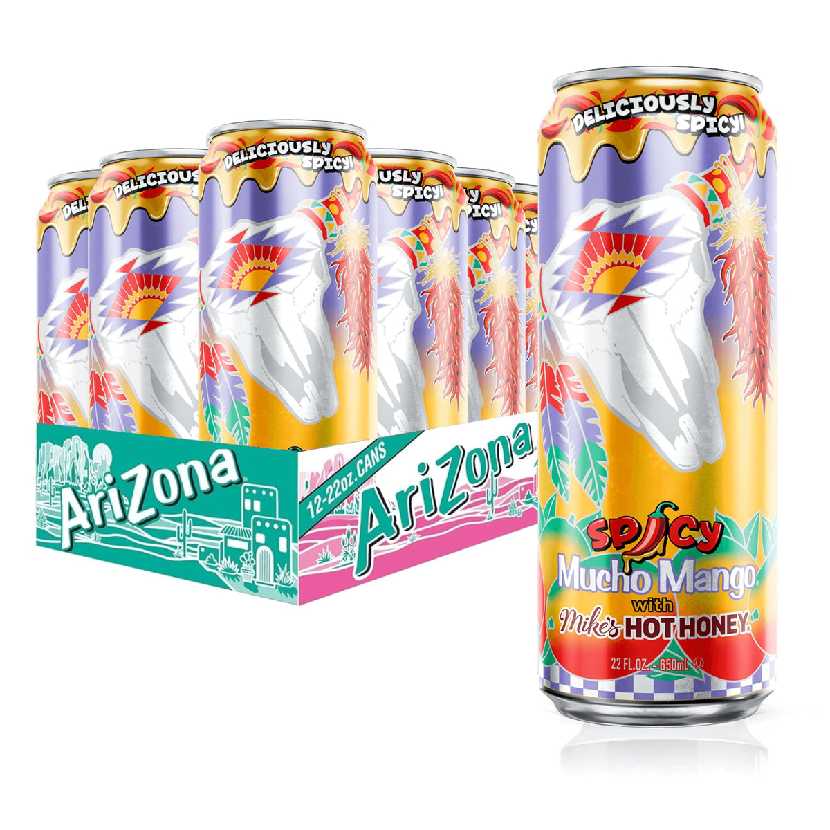 AriZona Mucho Mango can with Mike’s Hot Honey for bold tropical flavor, ideal for outdoor sips.