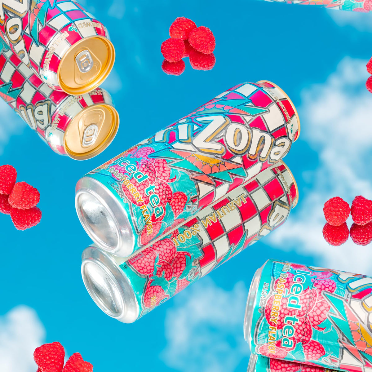 Arizona Raspberry Tea label artwork showcasing playful branding and quality