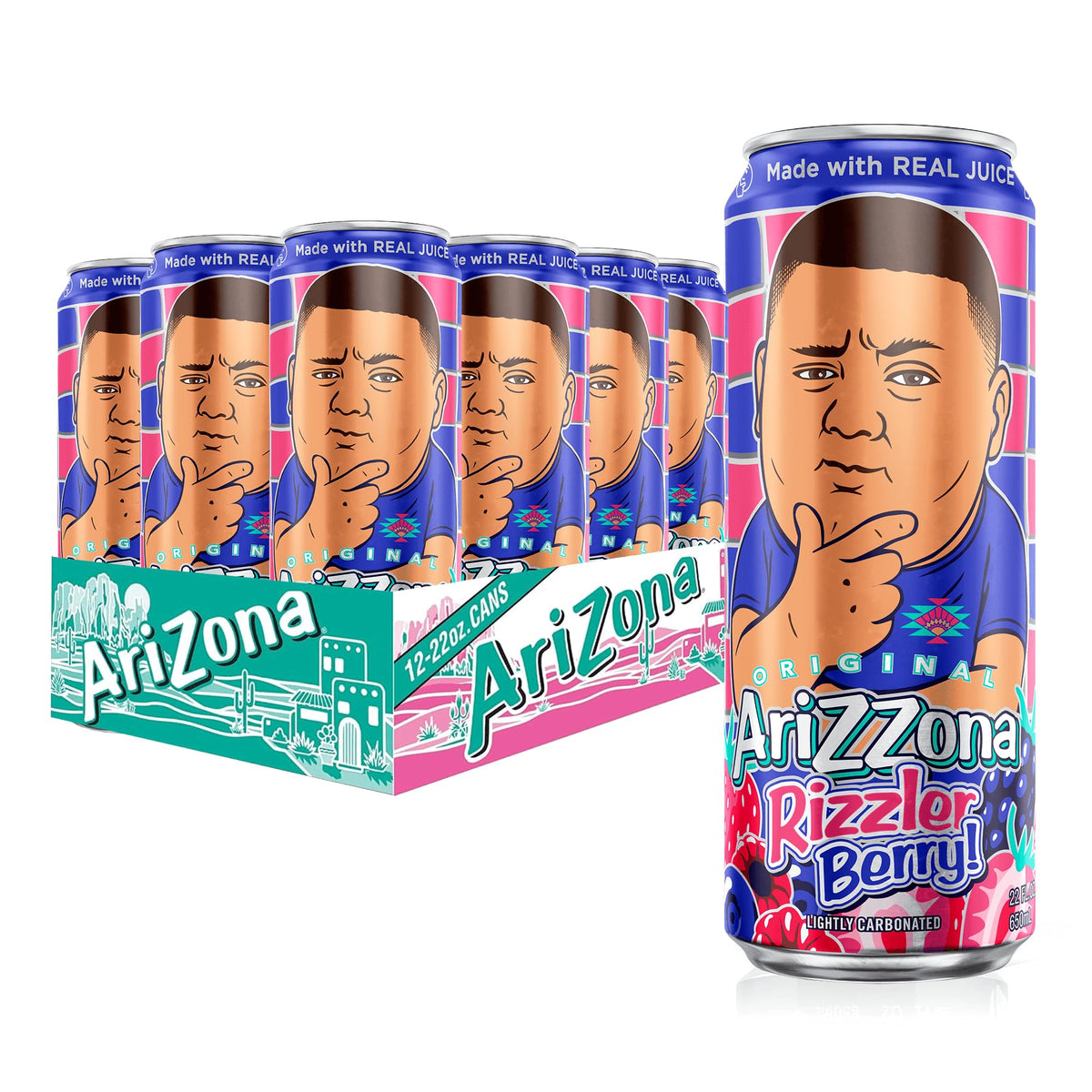 A close-up of AriZona Rizzler Berry can highlighting bold berry flavors for on-the-go refreshment